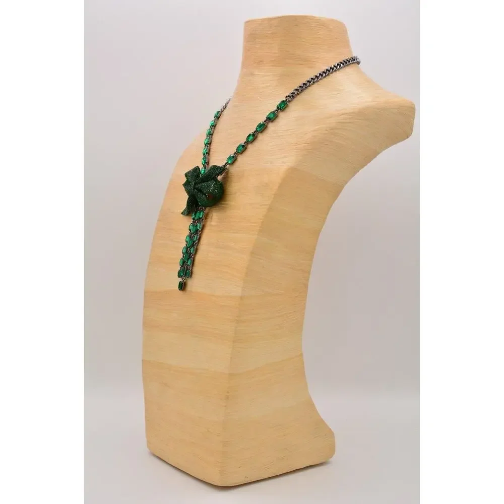 Betsey Johnson Green Christmas Bow Necklace Baguette Crystal Holiday NWT BinBJ